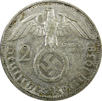 Germany - Third Reich Silver 1938 G 2 Reichs Mark Hindenburg KM# 93 (22 296)