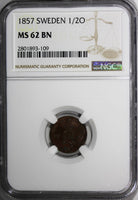 SWEDEN Oscar I Bronze 1857 1/2 Ore NGC MS62 BN BROWN KM# 686
