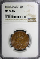 Sweden Bronze Gustaf V 1921 5 Ore NGC MS66 BN TOP GRADED BY NGC KM# 779.2 (035)