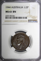 Australia George VI Bronze 1944 1/2 Penny NGC MS61 BN BETTER DATE KM# 41 (041)