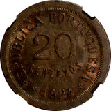 Portugal Bronze 1924 20 Centavos NGC MS63 BN 2 YEAR TYPE  KM# 574 (081)
