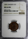 SWEDEN Oscar II Bronze 1895 2 Ore NGC MS64 BN Mintage-781,000  KM# 746