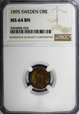 Sweden Oscar II Bronze 1895 1 Ore NGC MS64 BN TOP GRADED BY NGC KM# 750 (54)