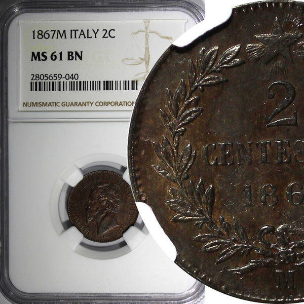 Italy Vittorio Emanuele II Copper 1867-M 2 Centesimi NGC MS61 BN KM# 2.1 (040)