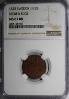 SWEDEN Carl XIV Johan Copper 1825 1/12 Skilling REEDED EDGE NGC MS62 BN KM616(1)