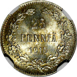 Finland Nicholas II Silver 1915 S 25 Pennia NGC MS66 WWI GEM BU KM #6.2 (026)