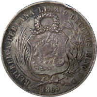 Guatemala Silver 1865 1 Peso KM224 Counterstamp Peru 1 Sol Num"9583" SCARCE (50)