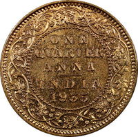 India-British George V Bronze 1935 (C) 1/4 Anna UNC Red Toned KM# 512  (22 303)