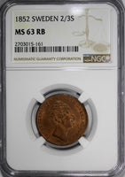 Sweden Oscar I 1852 2/3 Skilling NGC MS63 RB TOP GRADED BY NGC Mint-297, KM# 663