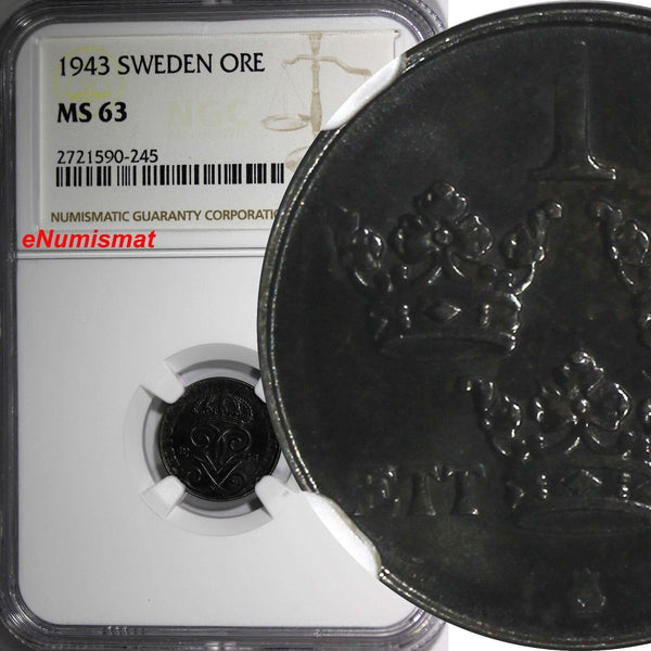 SWEDEN Gustaf V IRON 1943 1 ORE NGC MS63 1 GRADED HIGHER WWII Issue KM# 810 (45)