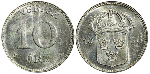 SWEDEN Gustaf V Silver 1936 G 10 Öre Variety : Long "6" UNC KM# 780 (21 898)