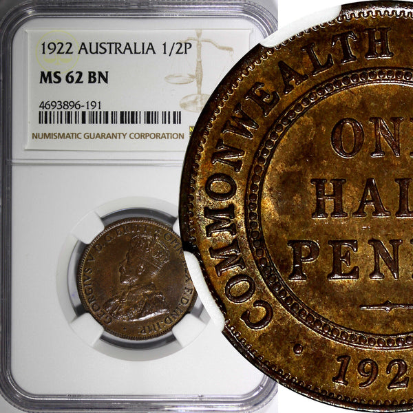 Australia George V Bronze 1922 1/2 Penny NGC MS62 BN KM# 22 (191)