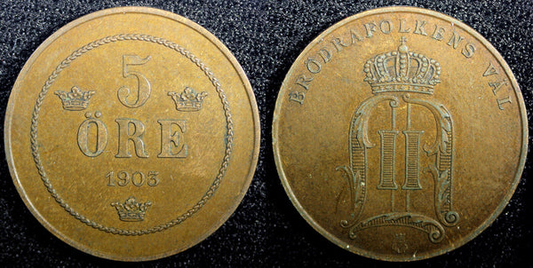 SWEDEN Oscar II Bronze 1903 5 Öre 27mm Mintage-243,000 KM# 757 (23 168)