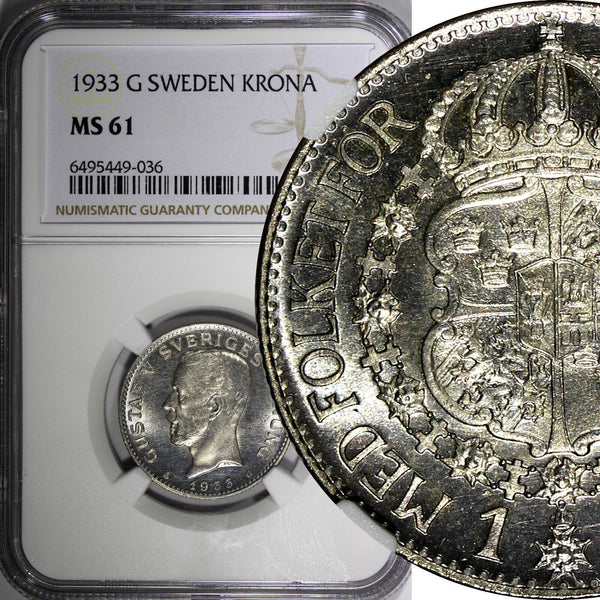 SWEDEN Gustaf V Silver 1933 G 1 Krona NGC MS61 PROOF LIKE Flashy KM# 786.2 (036)