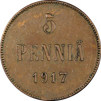 Finland Russian Nicolas II (1895-1917) Copper 1917 5 Pennia KM# 15 (21 601)