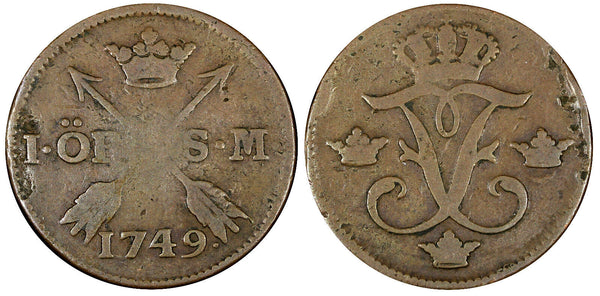 Sweden Frederick I Copper 1747 S.M. 1 ORE Mintage-312,900 KM#416.1  (351)