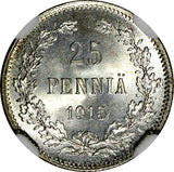 Finland Nicholas II Silver 1915 S 25 Pennia NGC MS66 WWI GEM BU KM #6.2 (025)