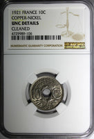 FRANCE Copper-Nickel 1921 10 Centimes NGC UNC DETAILS KM# 866a (106)