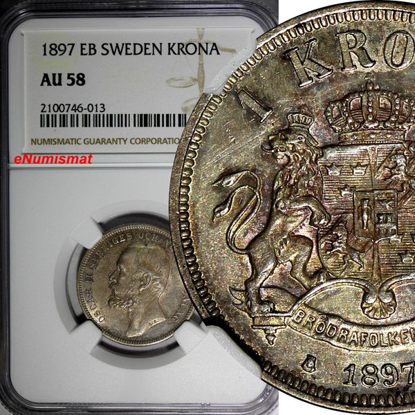 SWEDEN Oscar II Silver 1897 EB 1 Krona NGC AU58 Nice Toned SCARCE KM# 760 (013)