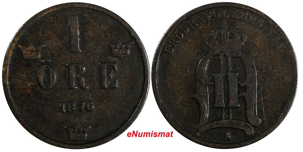 SWEDEN Oscar II (1872-1907) Bronze 1876 1 ORE SCARCE KM# 734 (17 821)