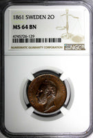 SWEDEN Carl XV Bronze 1861 2 Ore NGC MS64 BN NICE TONED TOP GRADED BY NGC KM#706