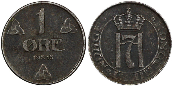 NORWAY Haakon VII Iron 1918 1 ORE WWI Issue SCARCE KM# 367a  (20 833)