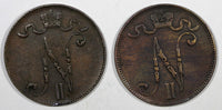 Finland Russia Nicholas II Copper LOT OF 2 COINS 1899, 1901 5 Pennia  KM# 15 (8)