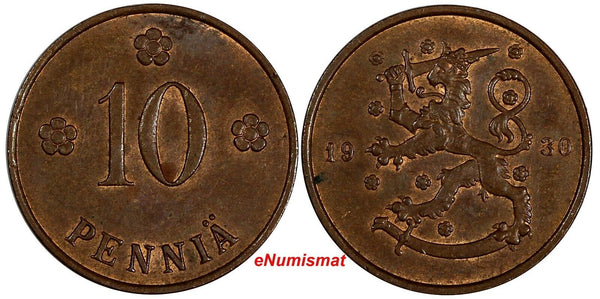 Finland Copper 1930 10 Penniä  aUNC Condition KM# 24 (17 473)