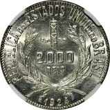 Brazil Silver 1924 2000 Reis NGC AU58 1st Date Type KM# 526 (011)