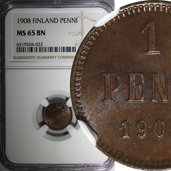 Finland Nicholas II Copper 1908 1 Penni NGC MS65 BN KM# 13 (022)