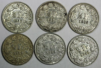 Switzerland Silver LOT OF 6 COINS 1903-1955 1/2 Franc  KM# 23