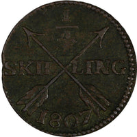 SWEDEN Copper King Gustav IV Adolf 1807 1/4 Skilling KM# 564 (19 541)