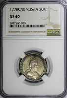 Russia Catherine II Silver 1778 SPB 20 Kopecks NGC XF40 "ВСЕРОСС" C# 63b (050)