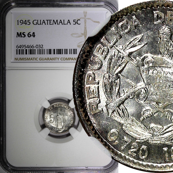 GUATEMALA Silver 1945 5 Centavos NGC MS64 GEM BU COIN KM# 238.1 (031)
