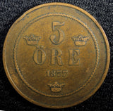 Sweden Oscar II Bronze 1877 5 Ore Mintage-514,000 SCARCE DATE KM# 736 (23 172)