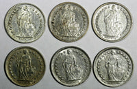 Switzerland Silver LOT OF 6 COINS 1903-1955 1/2 Franc  KM# 23