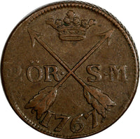 Sweden Adolf Frederick Copper 1767 2 Ore, S.M. Mintage-467,000 KM461 (14804)