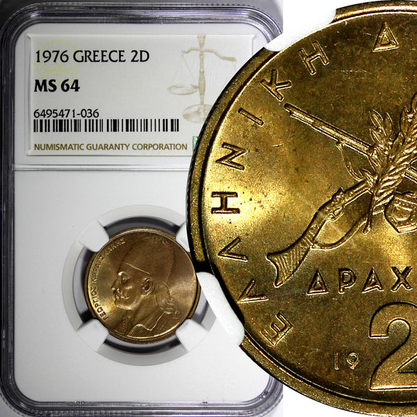 GREECE Georgios Karaiskakis Nickel-Brass 1976 2 Drachmai NGC MS64 KM# 117 (6)