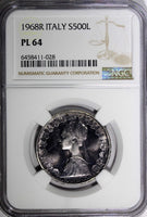 Italy Silver 1968 R 500 Lire NGC PL64 PROOF LIKE Mintage-100 000 SCARCE KM#98(8)