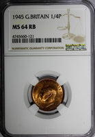 Great Britain George VI Bronze 1945 Farthing NGC MS64 RB RED TONING KM# 843 (21)