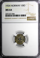 Norway Haakon VII Copper-Nickel 1924 10 Ore NGC MS64 1st YEAR TYPE KM# 383
