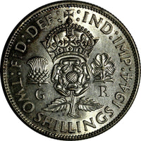 GREAT BRITAIN George VI Silver 1944 Florin / 2 Shilling WWII Issue UNC KM# 855