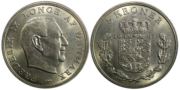 Denmark Frederik IX Copper-Nickel 1961 5 Kroner KM# 853.1 (21 965)