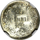 Finland Nicholas II Silver 1916 S 25 Pennia NGC MS67 GEM BU KM #6.2 (030)