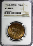GREAT BRITAIN George V Bronze 1936 1 Penny NGC MS65 BN NICE TONING KM# 838