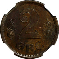 Denmark Christian X Bronze 1917 VBP GJ 2 Ore NGC MS63 BN SCARCE DATE KM# 813.1