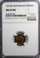 Switzerland Bronze 1913 B 1 Rappen NGC MS65 RB NICE RED TONING HELVETIA KM# 3.2