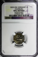 German States HAMBURG Silver 1828 HSK 1 Schilling NGC UNC DETAILS KM# 546.1(004)