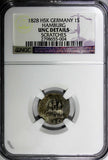 German States HAMBURG Silver 1828 HSK 1 Schilling NGC UNC DETAILS KM# 546.1(004)