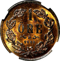 SWEDEN Oscar I Bronze 1858 1 Ore NGC MS65 BN VARIETY "L.A." TOP GRADED  KM# 687